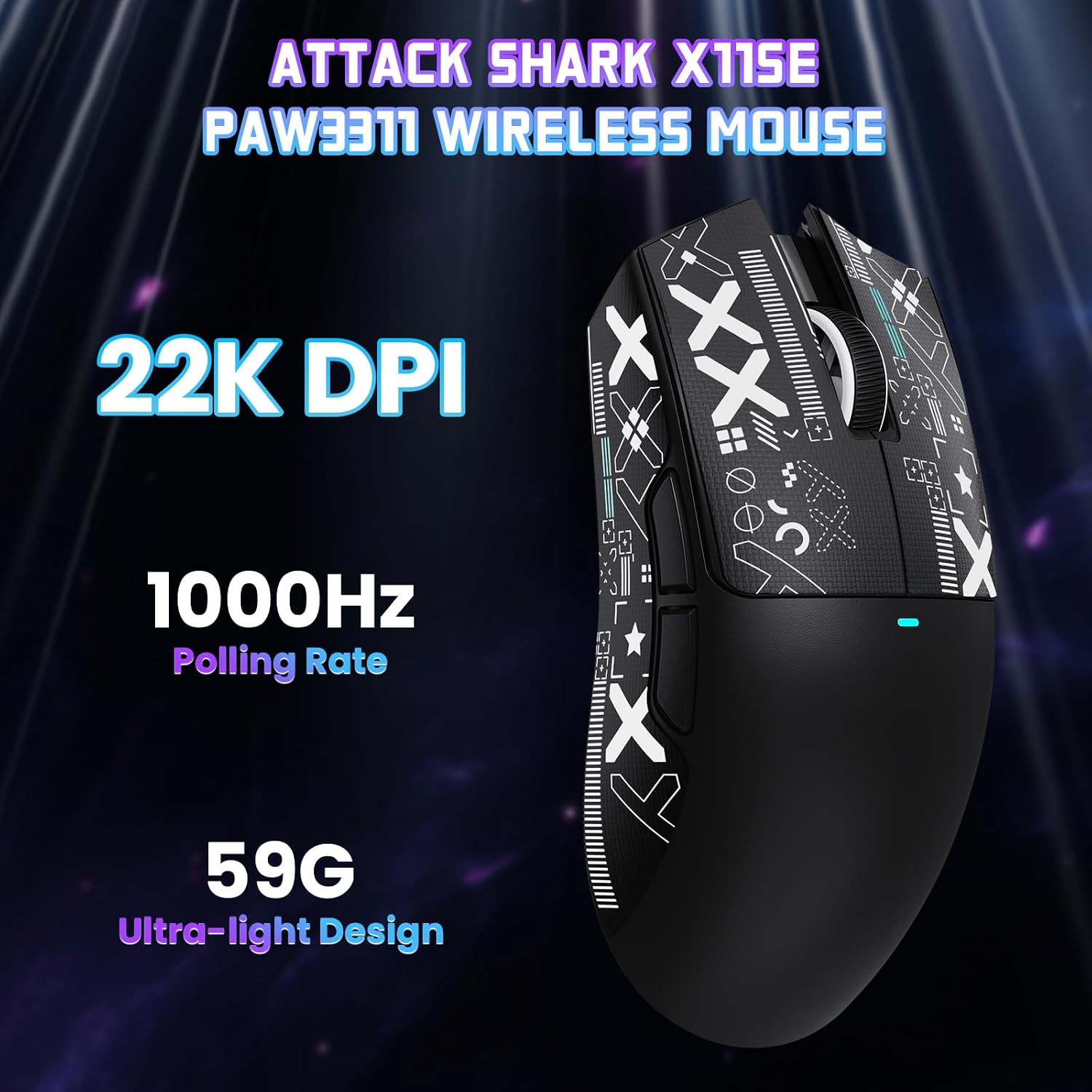 Thumbnail 1 de ATTACK SHARK X11 SE Wireless Gaming Mouse (PAW3311) – 2.4G/Bluetooth/USB‑C, 22000 DPI, 65 hours battery, 59g (Black+Tape)