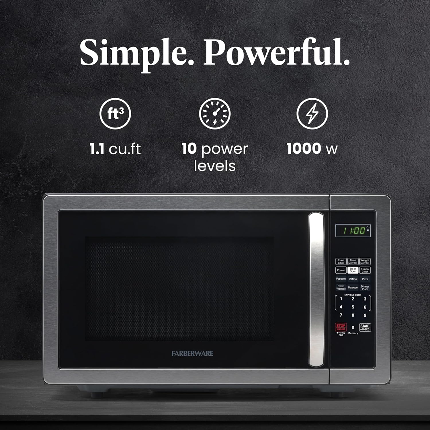Detalle de Farberware 1.1 Cu. Ft. Countertop Microwave Oven (1000W) with Auto Cook, Defrost, Child Safety Lock — Stainless