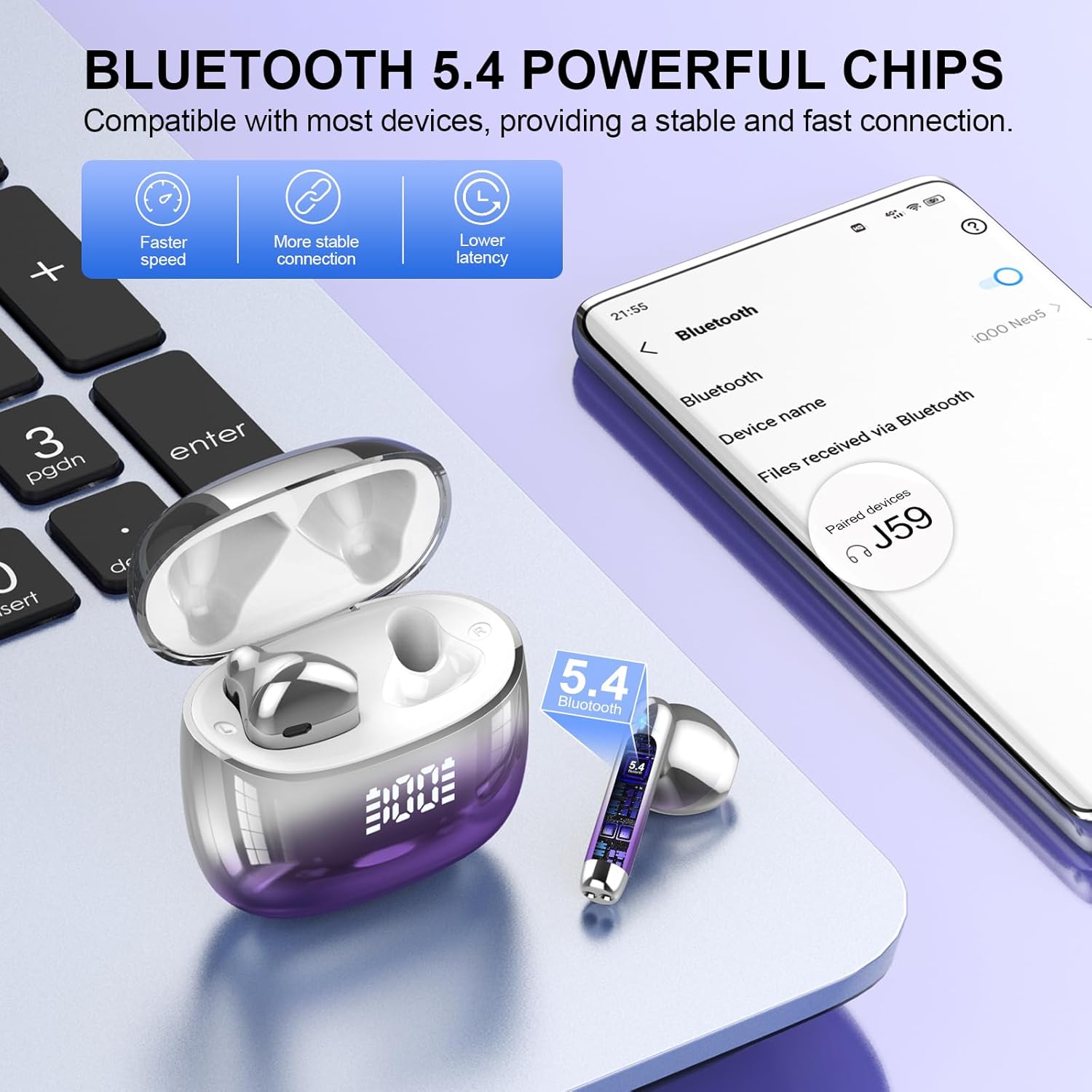 Detalle de Cuffie Bluetooth J59: Auricolari 5.4 con driver da 14,2 mm, impermeabili IP7 e display LED