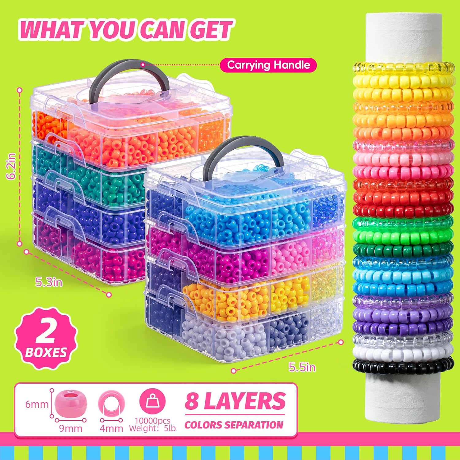 Thumbnail 5 de Simetufy 10,000-Piece Pony Bead Kit, 48 Colors, 6 × 9 mm