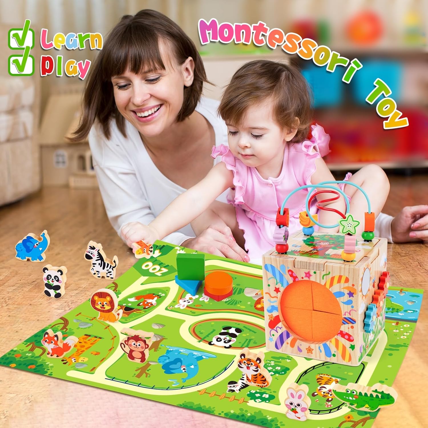 Thumbnail 3 de Wooden Activity Cube | Montessori Toys for 1-2 Year Old Toddlers (Pink)