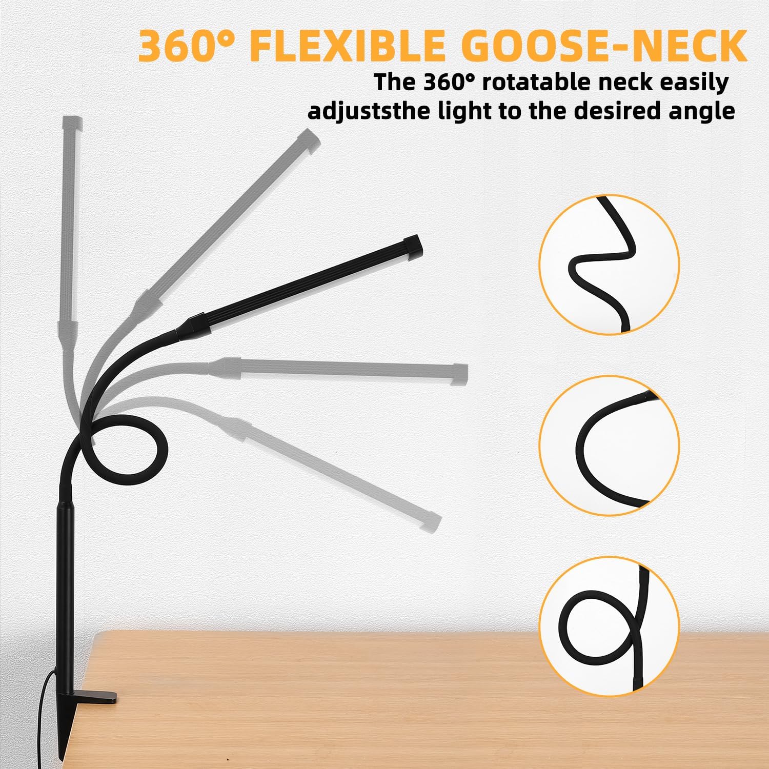 Detalle de Voncerus LED Desk Lamp with Clamp (USB Adapter), 3 Color Modes & 10 Brightness Levels, Flexible Goose-Neck, Black