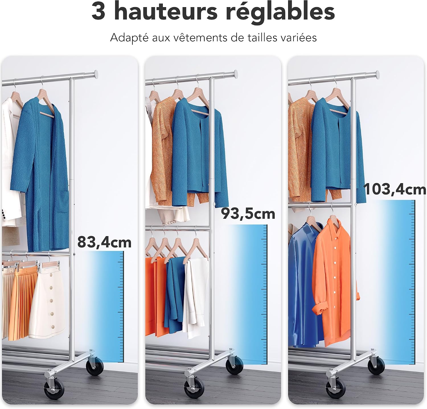 Detalle de HOKEEPER porte-vêtements sur roulettes à 2 niveaux, structure chromée argent (charge 150 kg)