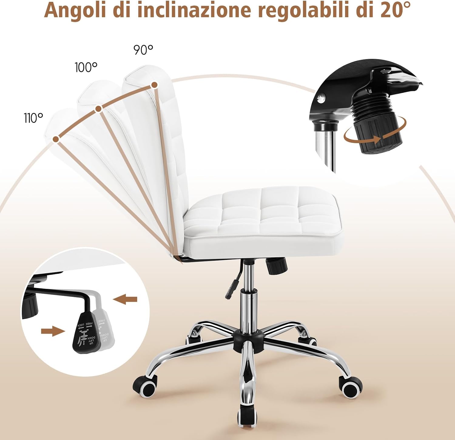 Thumbnail 4 de Yaheetech Sedia Ufficio Srivania senza braccioli in ecopelle bianca, ergonomica con altezza regolabile e funzione dondolo