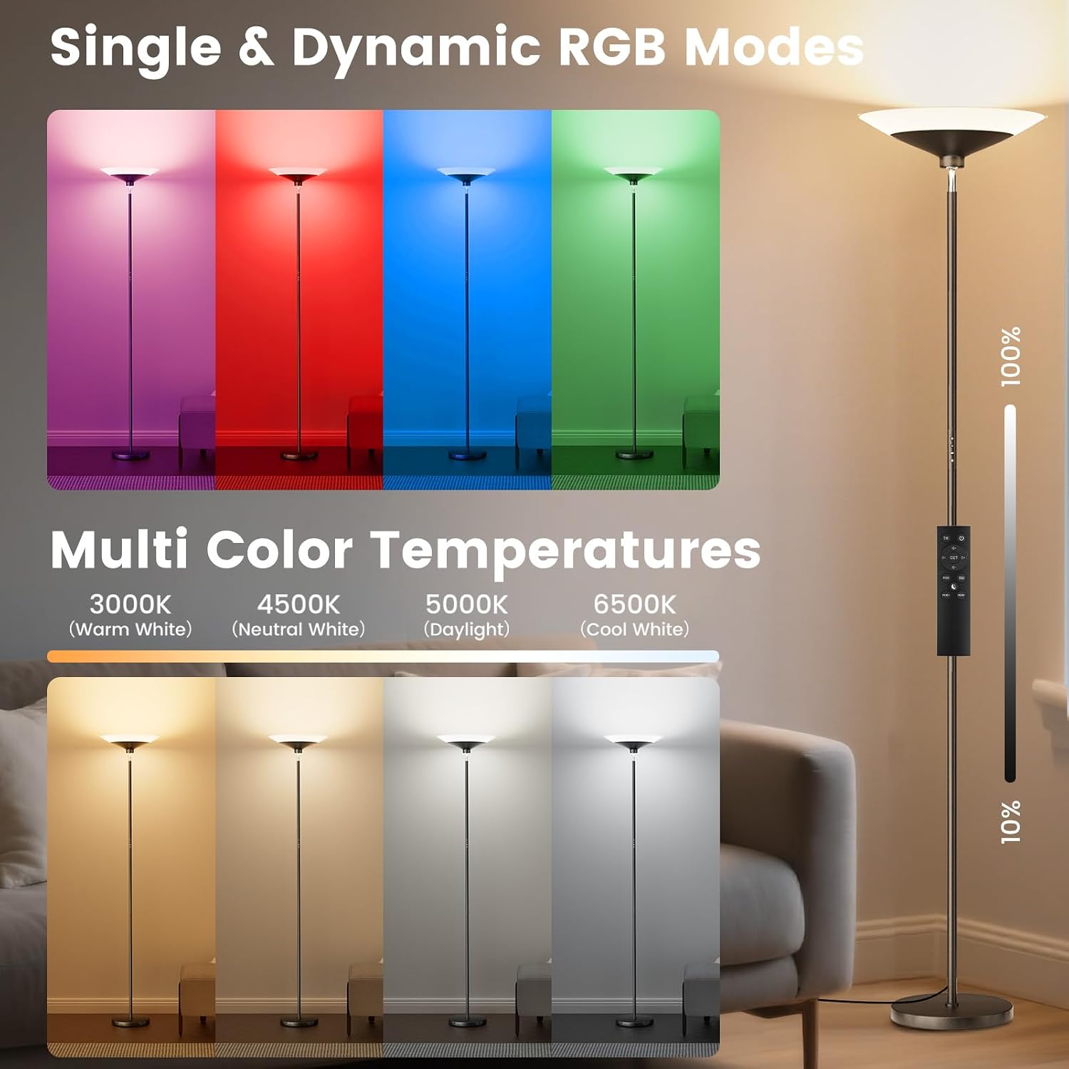 Detalle de SIBRILLE MF30021R.4 Torchiere Floor Lamp, RGB LED, Dimmable, Remote and Button Control