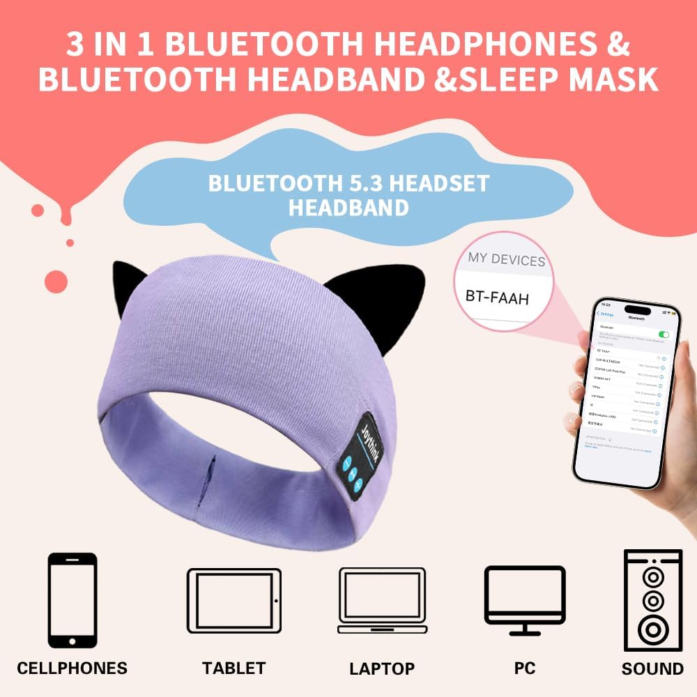 Thumbnail 2 de Joythink Kids Bluetooth Headband Headphones & Sleep Mask (Wireless, Adjustable, Purple)