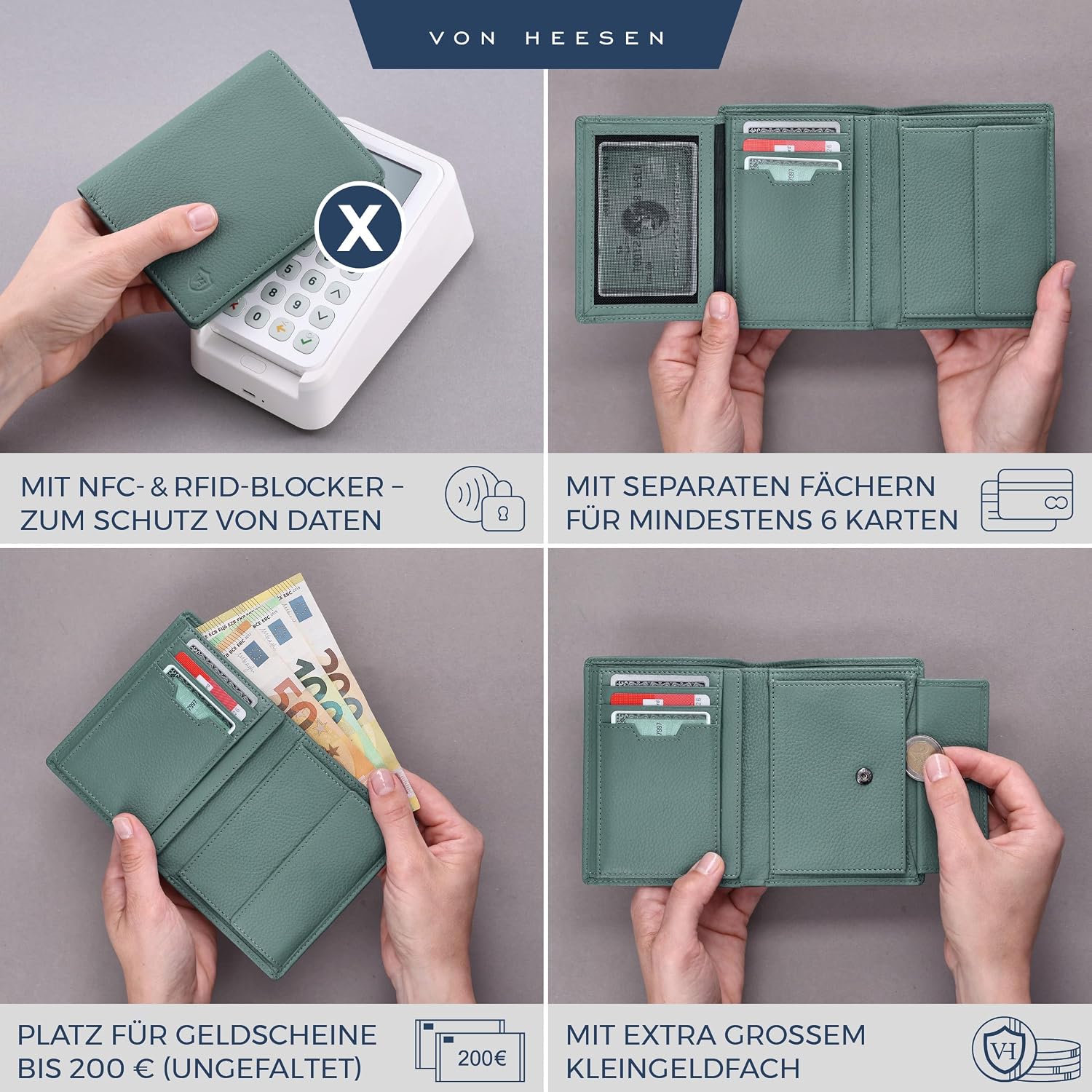 Thumbnail 1 de VON HEESEN RFID-geschützte Echtleder-Geldbörse in Türkis für Damen & Herren