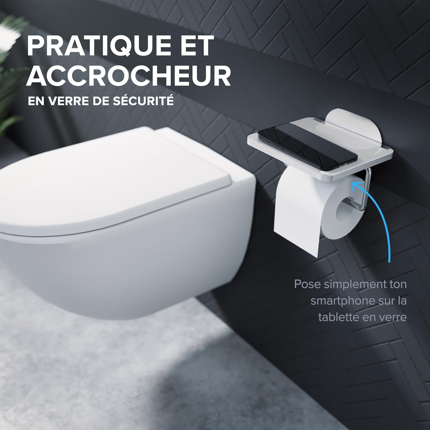 Thumbnail 1 de Ovimar Helnaes Porte-rouleau de Papier Toilette avec Étagère en Verre Argenté 3M – Autocollant à Coller