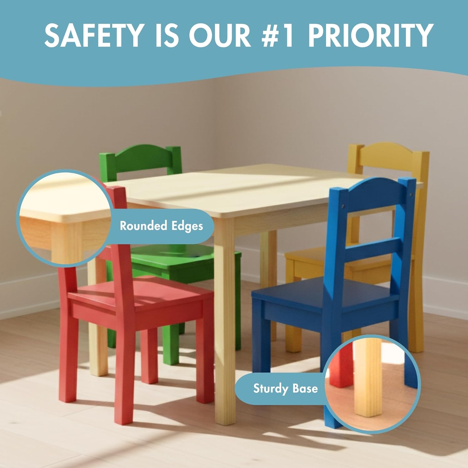 Detalle 2 de Humble Crew Kids Wooden Table and 4 Chairs Set (Square Activity Table) for Ages 3–6