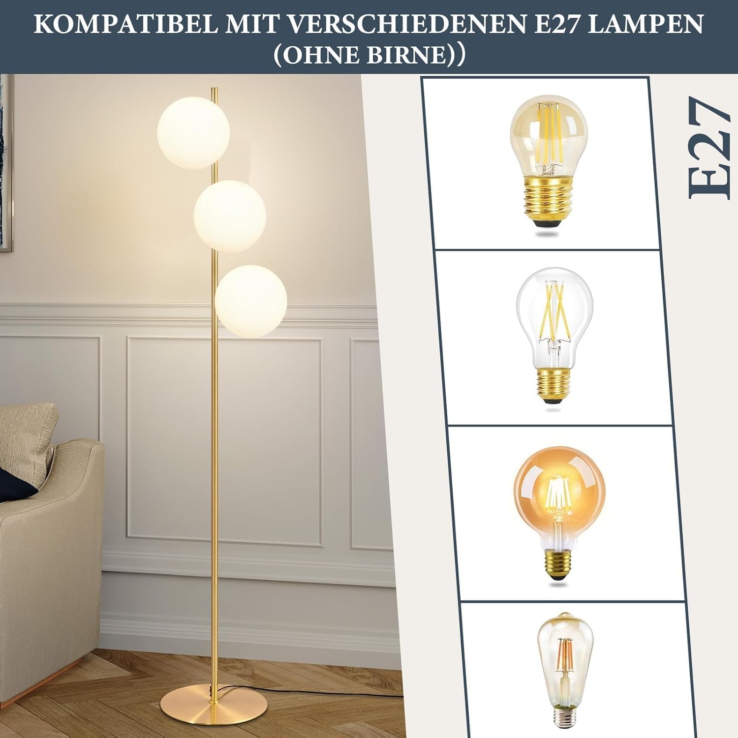 Thumbnail 2 de ZMH Lampadaire moderne pour salon — 3 ampoules E27, design doré et boule de verre