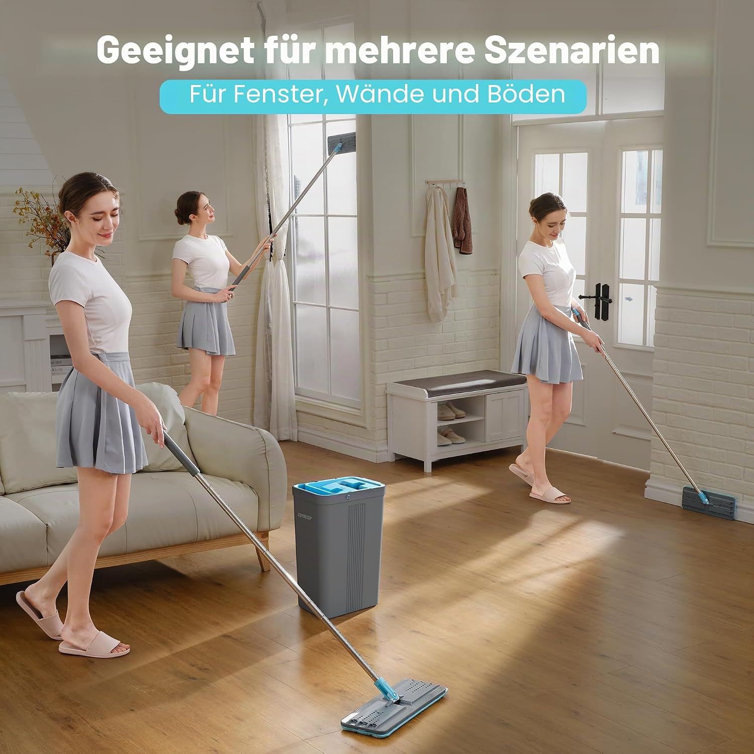 Thumbnail 6 de JOYMOOP Wischmopp-Set mit Auswringer – Eimer, 360°-Wischkopf, ausziehbarer Griff & 6 Mikrofaser-Pads (Grau/Cyan)