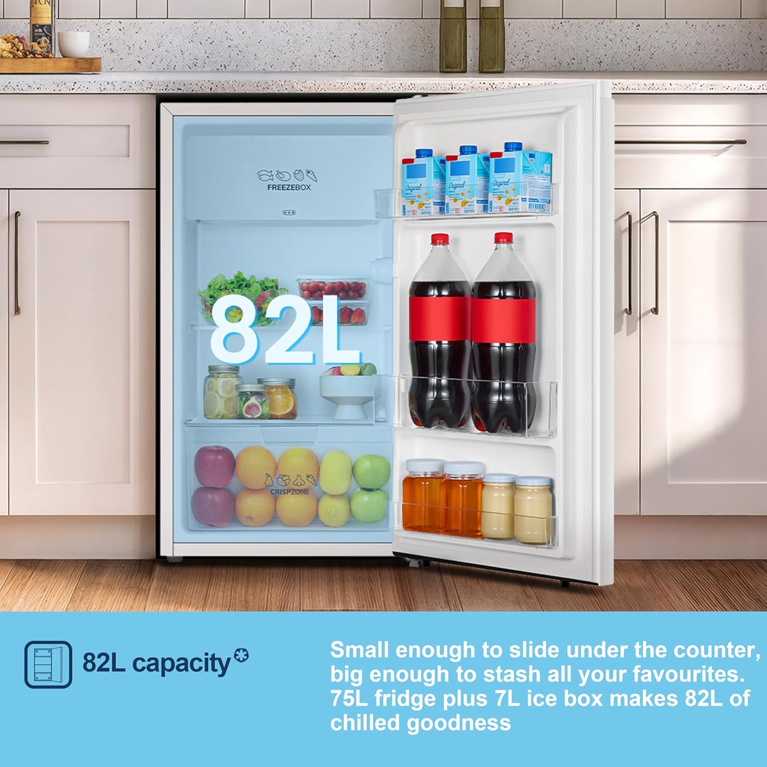 Thumbnail 4 de Fridgemaster MUR4894E 82L under counter fridge with LED lighting, adjustable temperature and reversible door