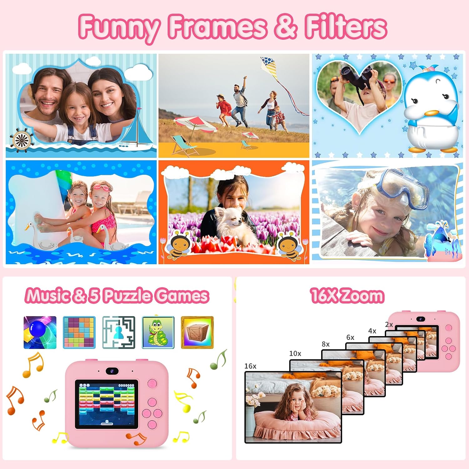 Detalle de Macchina fotografica istantanea per bambini 1080p 2,4" rosa