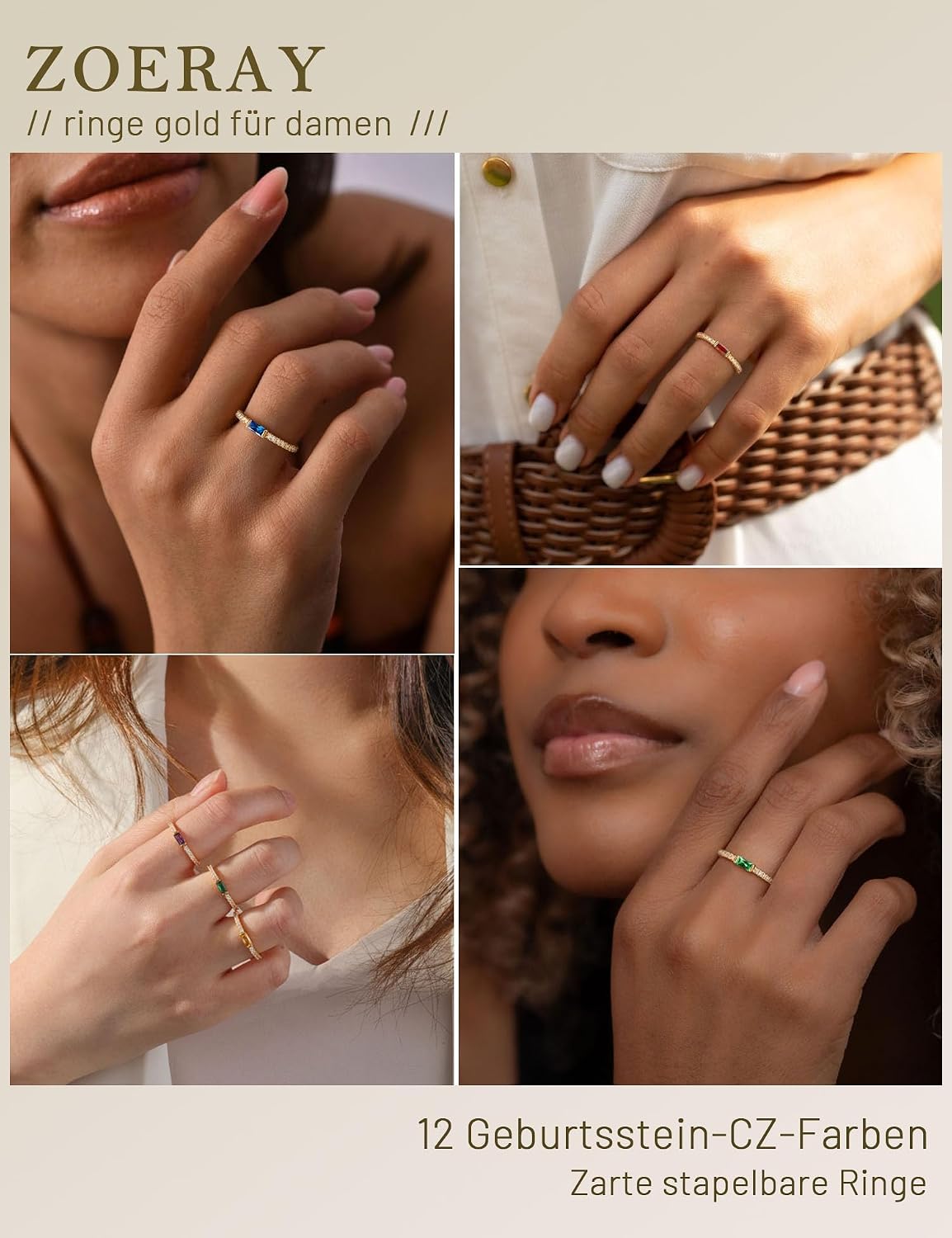 Detalle 2 de ZOERAY Damen-Ring Gold wasserfest mit Geburtsstein (Aquamarin, Citrin, Peridot) und Zirkonia – 18K vergoldet, stapelbar