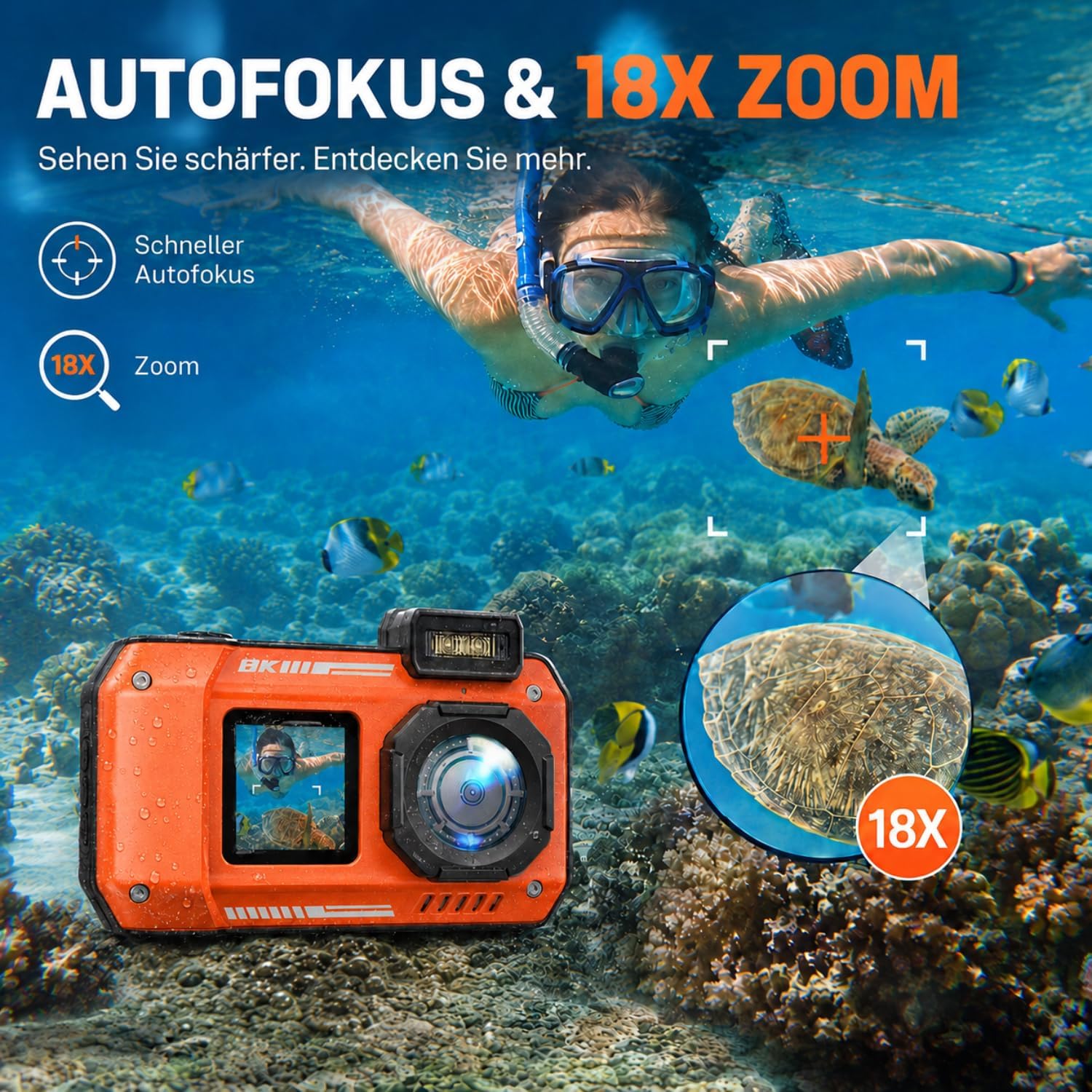 Detalle de Maxmango D50 8K Unterwasserkamera – 33FT Tiefenfest, 70MP, Doppelbildschirm, 2500mAh, 18x Zoom, 16GB inkl. orange