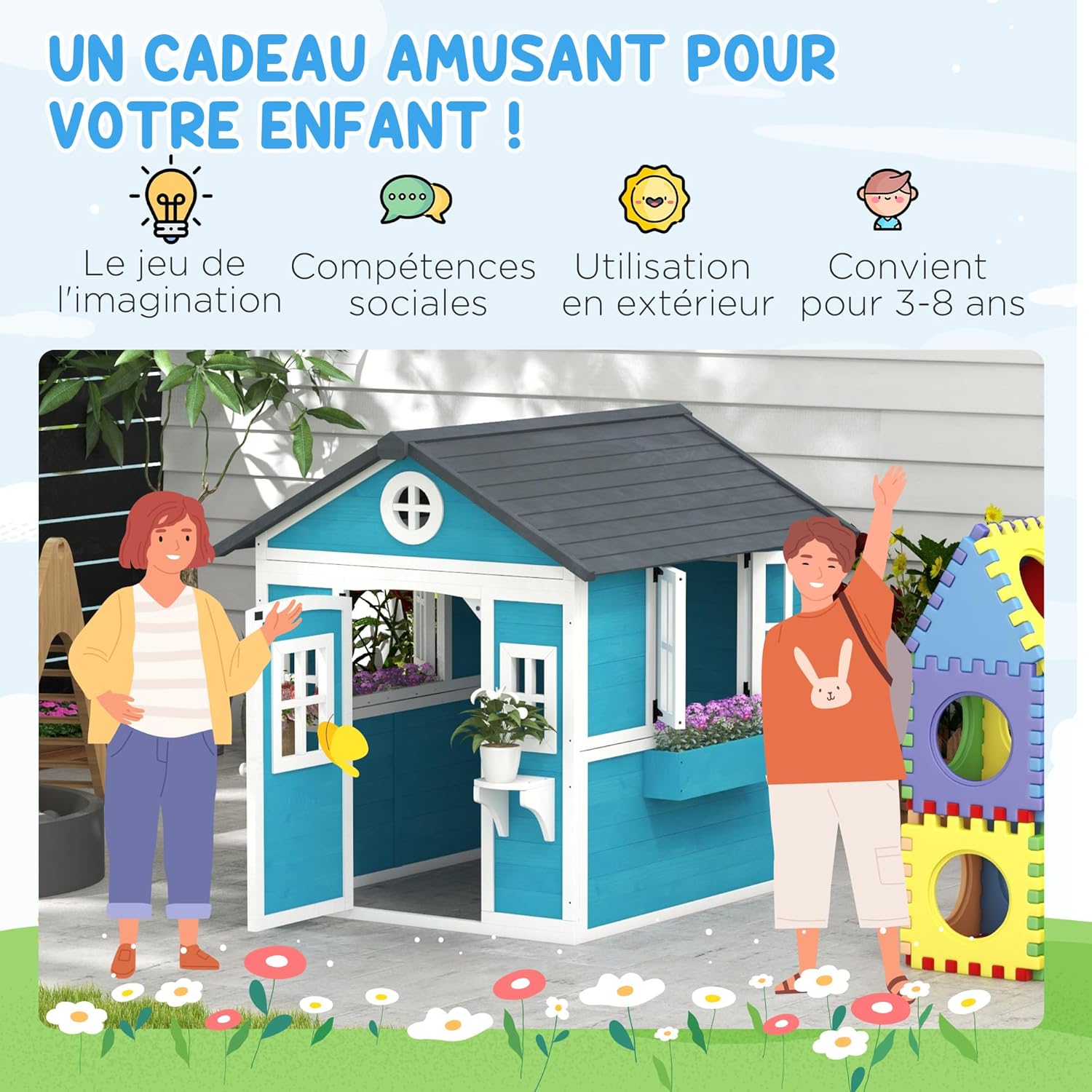 Thumbnail 4 de Outsunny Cabane Enfant extérieur Bleu – Maison de jeu avec porte, fenêtres et jardinières (114 × 126,4 × 135 cm)