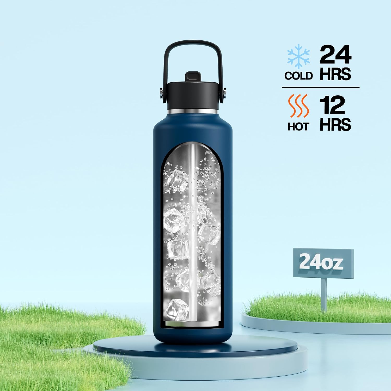Detalle 2 de POWCAN 24oz Slim Water Bottle, Insulated Stainless Steel with Straw