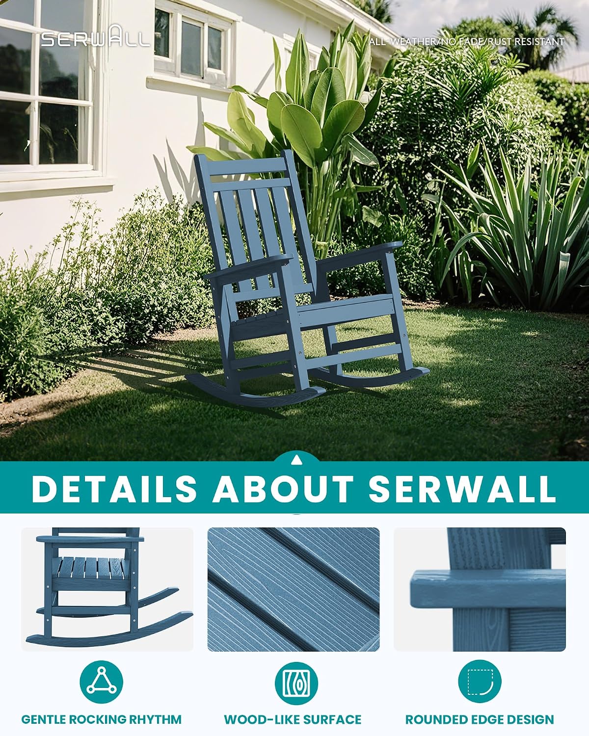 Detalle de SERWALL A041-088 Outdoor Rocking Chair Set of 2, Blue HDPE