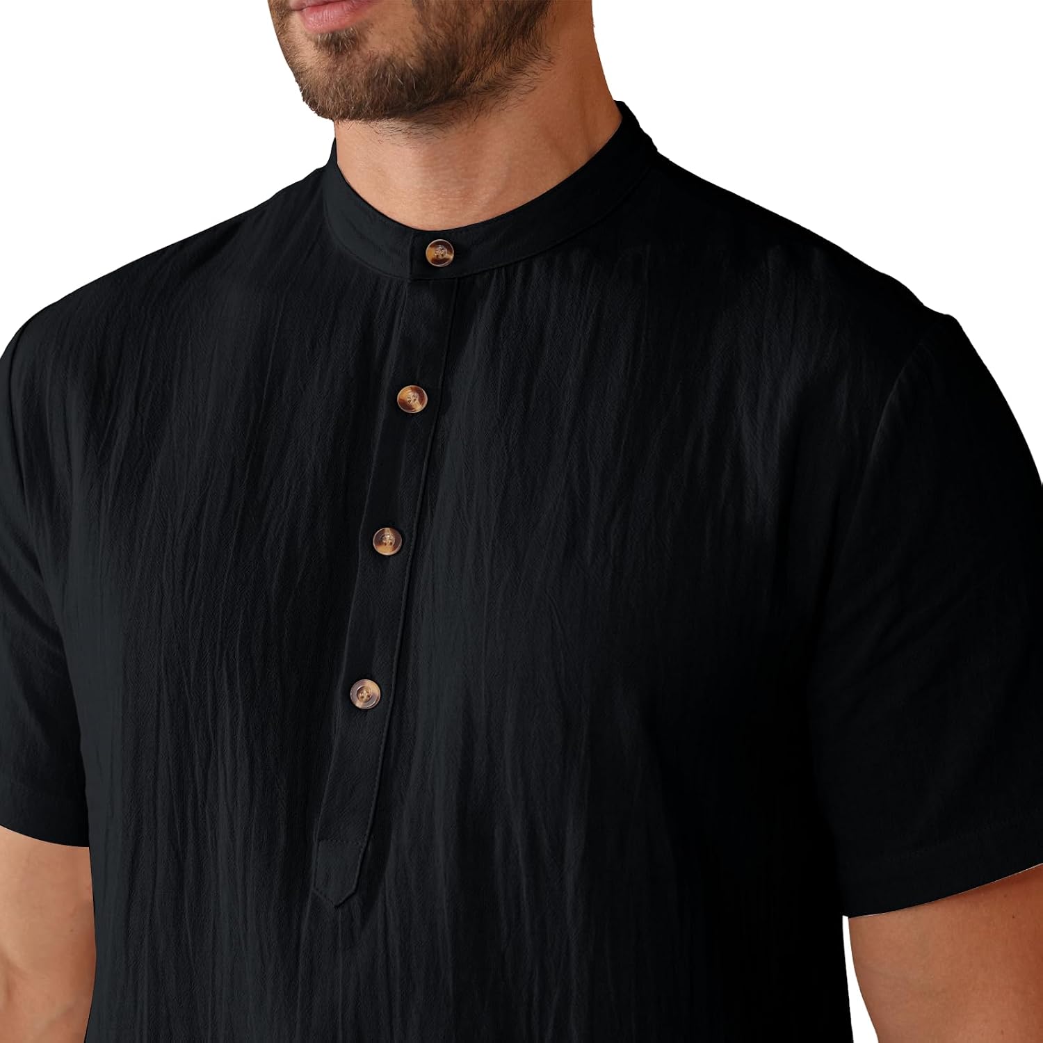 Detalle de YAOBAOLE Chemise Lin Homme Manches Courtes – Henley estival en coton-lin