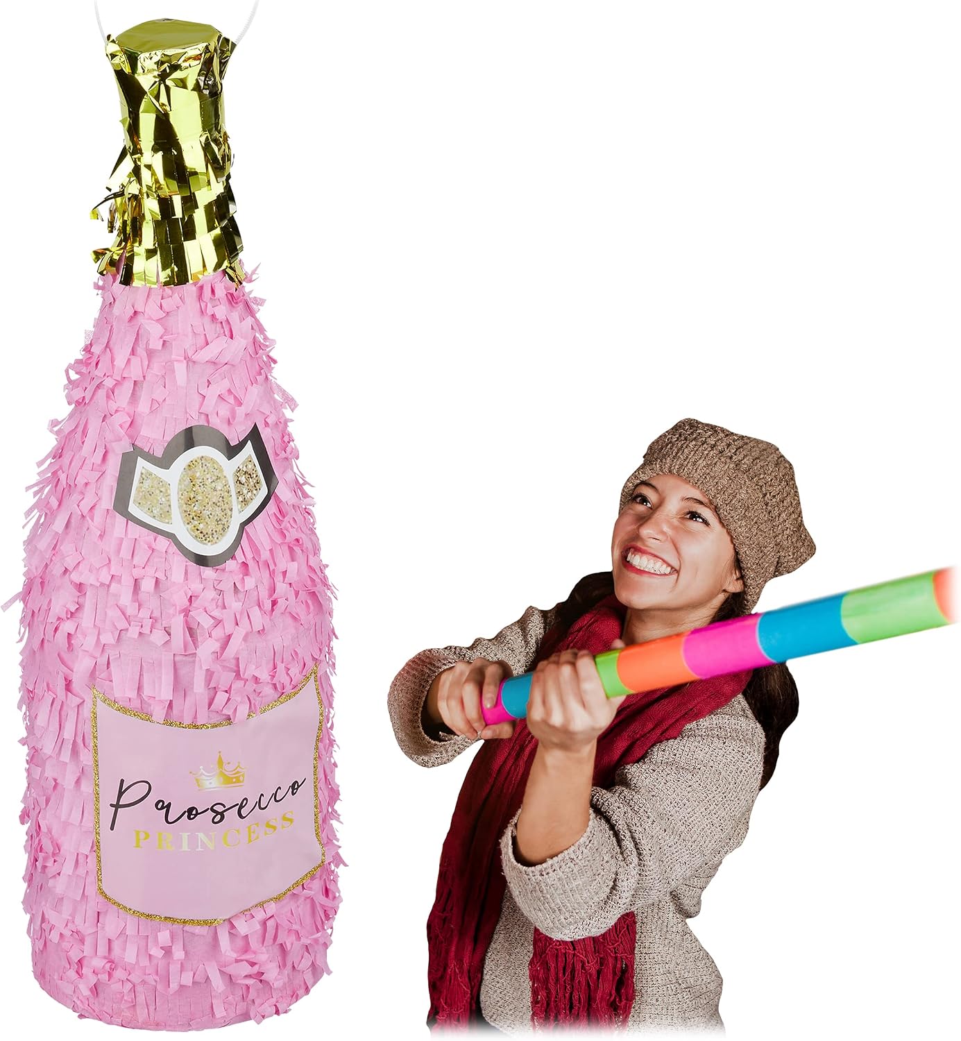 Relaxdays Pinata Anniversaire – Bouteille de Champagne à Suspendre, Princesse, rose doré, à remplir