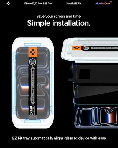Detalle de Spigen Glas.tR EZ Fit protector de pantalla para iPhone 17 / 17 Pro / 16 Pro (2 unidades) con dureza 9H