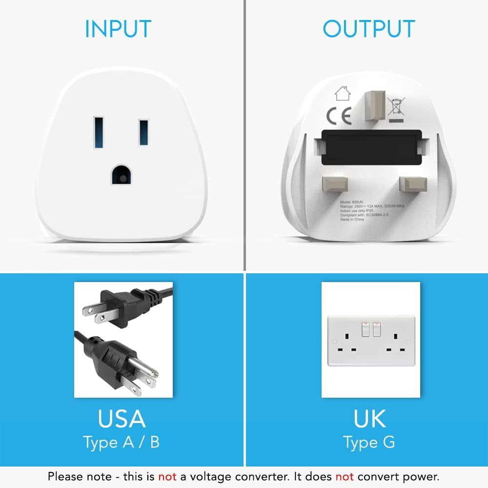 Detalle 2 de MyTravelPal US to UK Plug Adapter | 10A Fuse, UK Safety Standard 8546