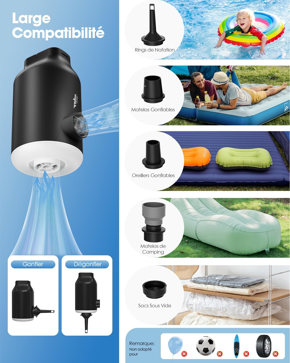Thumbnail 6 de TRILINK Pompe à air électrique mini portable pour matelas et lits gonflables (rechargeable, LED, 5 buses)