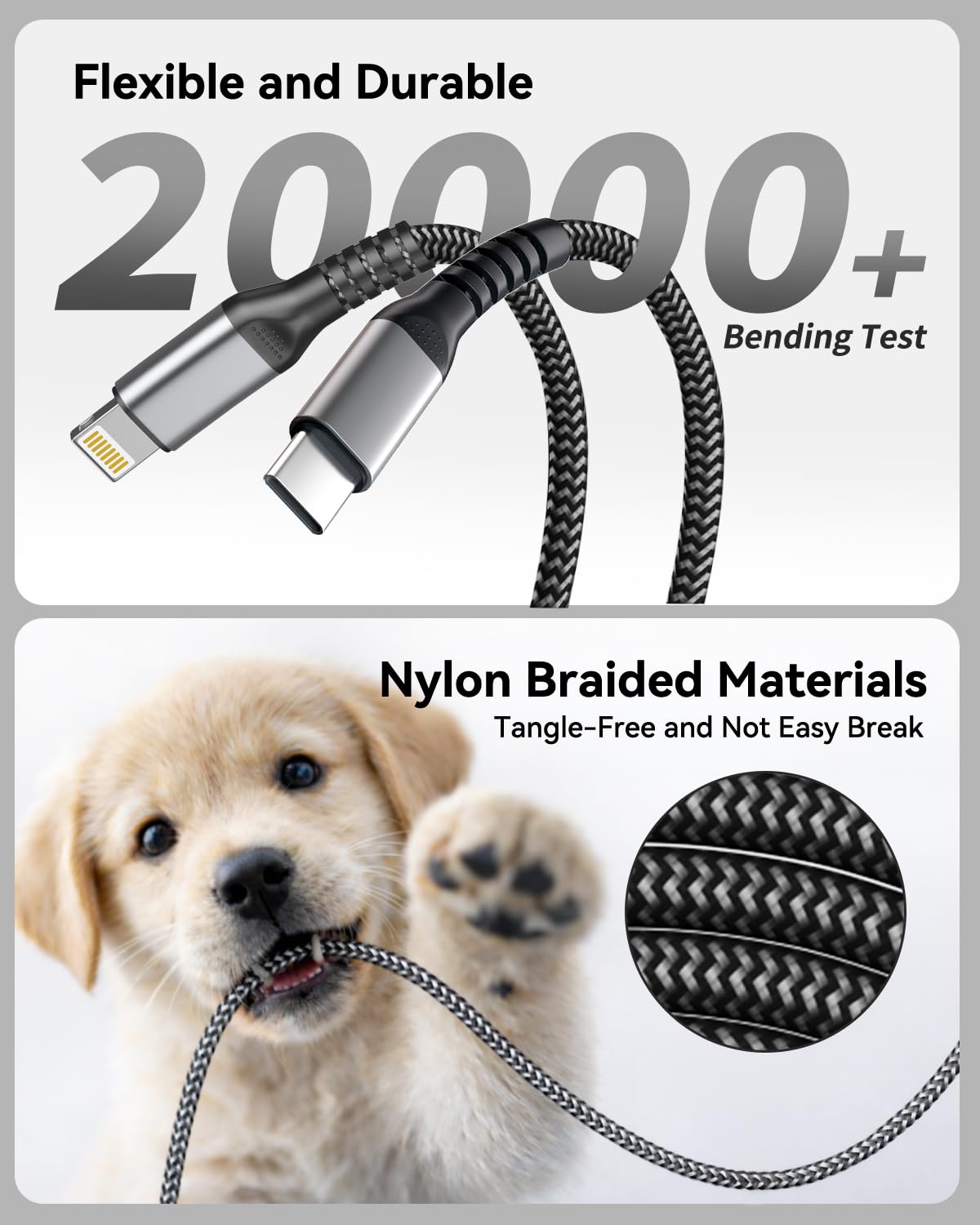 Thumbnail 4 de Câble USB-C vers Lightning 3 m MFi, nylon tressé (charge rapide & transfert jusqu’à 480 Mbit/s) pour iPhone iPad