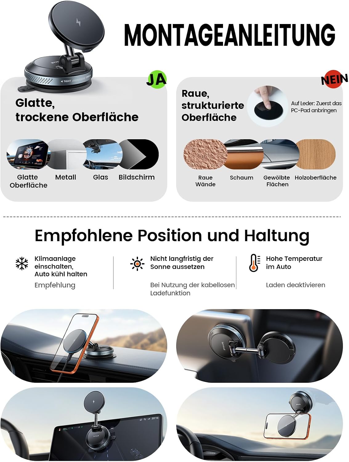 Thumbnail 6 de Lamicall 15W MagSafe Autohalterung mit Ladefunktion – Vakuum-Saugnapf, magnetische Halterung für Armaturenbrett & Windschutzscheibe