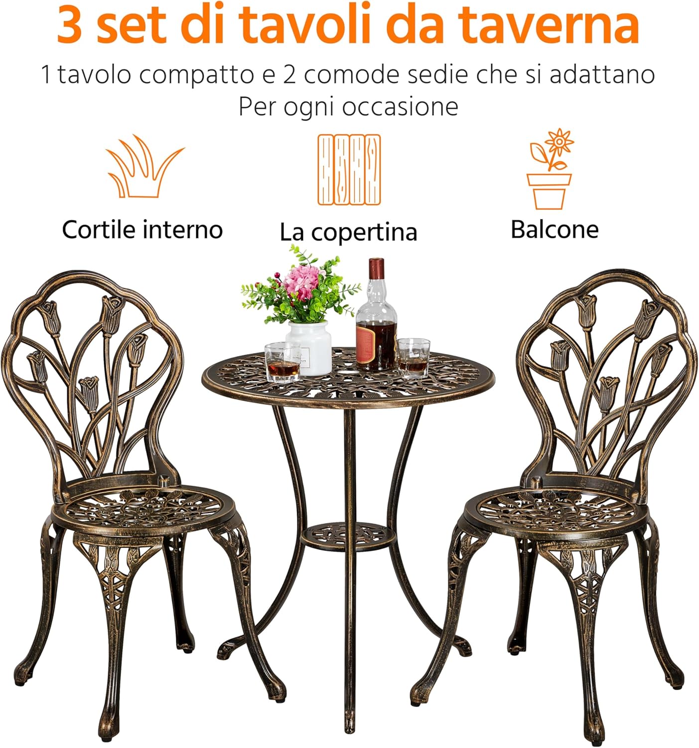 Thumbnail 6 de Yaheetech Set tavolo e sedie da giardino 3 pezzi: stile tulipano in lega di alluminio bronzo