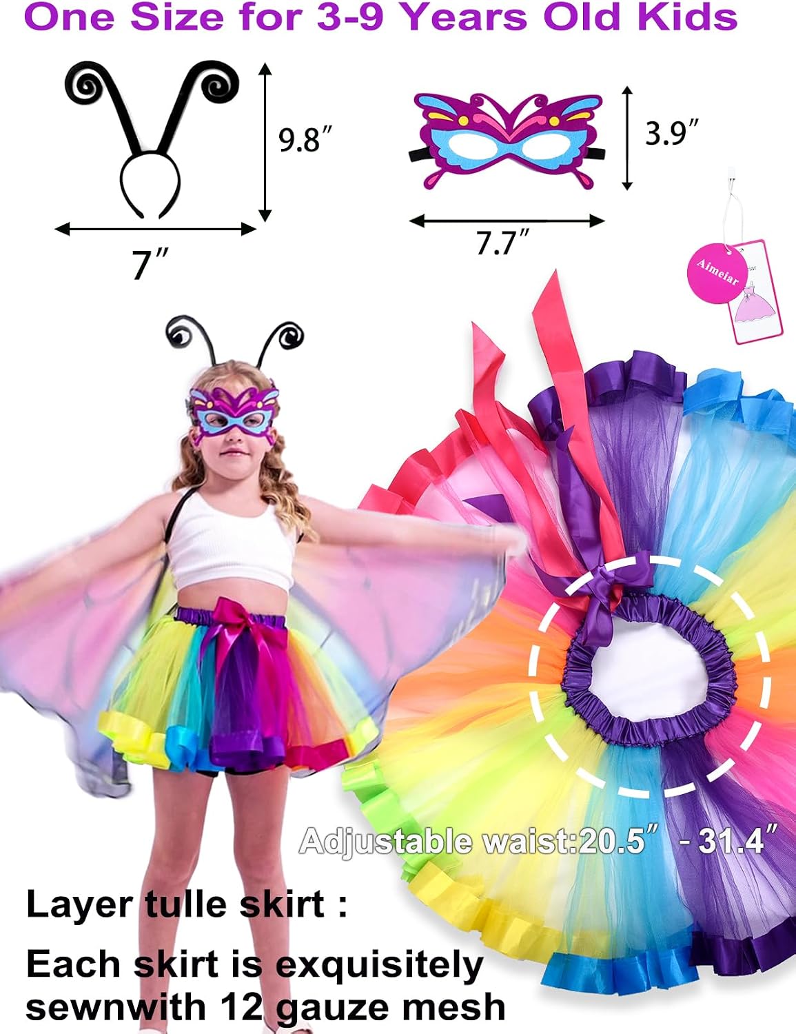 Detalle 1 de Aimeiar Butterfly Costume for Girls with Chiffon Wings and Rainbow Tutu