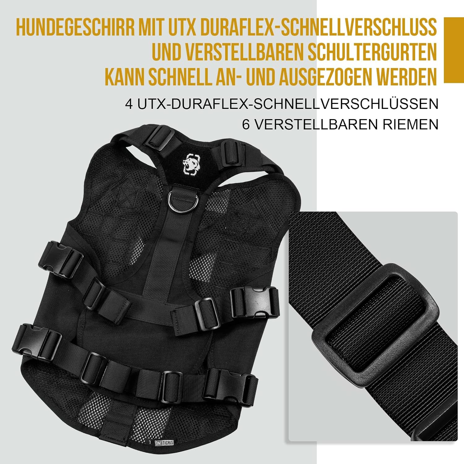 Detalle de OneTigris Anti Zug Hundegeschirr XL – atmungsaktives, verstellbares Tactical Geschirr mit 2 Griffen und 3 D-Ringen