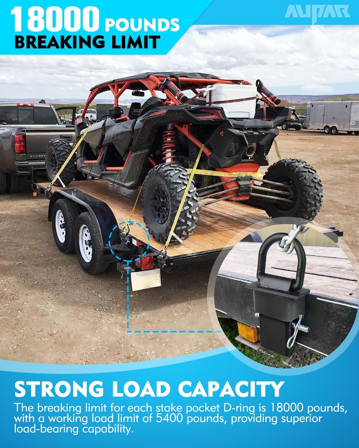 Detalle 2 de Aupar 5/8" Heavy-Duty Stake Pocket D Rings with Anti-Loss Cord — 18,000 lbs Total Capacity, 4-Position Adjustability (6 Pack)