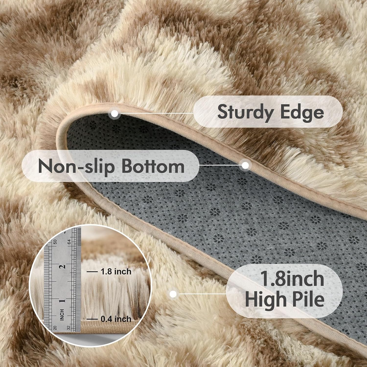 Thumbnail 4 de 5x7 Ft Large Shag Rug in Khaki — Ultra-Soft Tie-Dyed Plush for Bedroom & Living Room