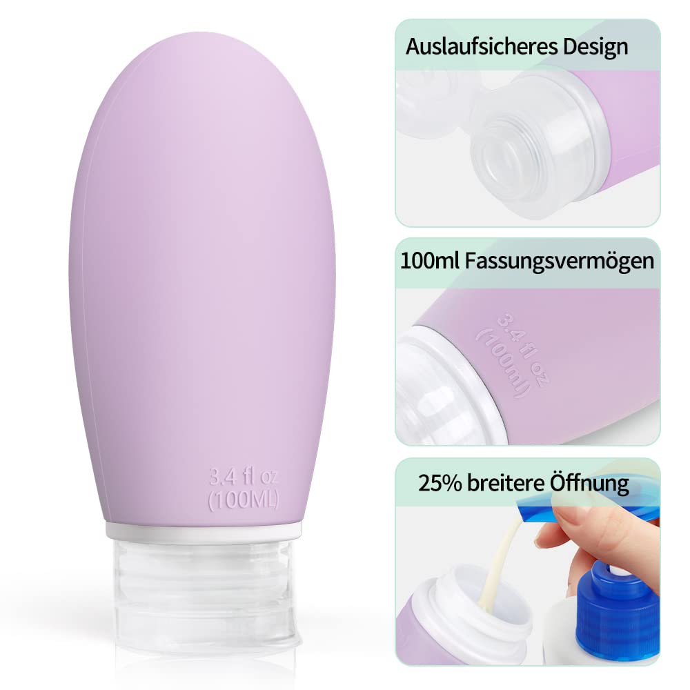 Detalle 2 de Opret 100 ml Silikon Reiseflaschen Set – 4 Stück, auslaufsicher, BPA-frei, TSA-geprüft