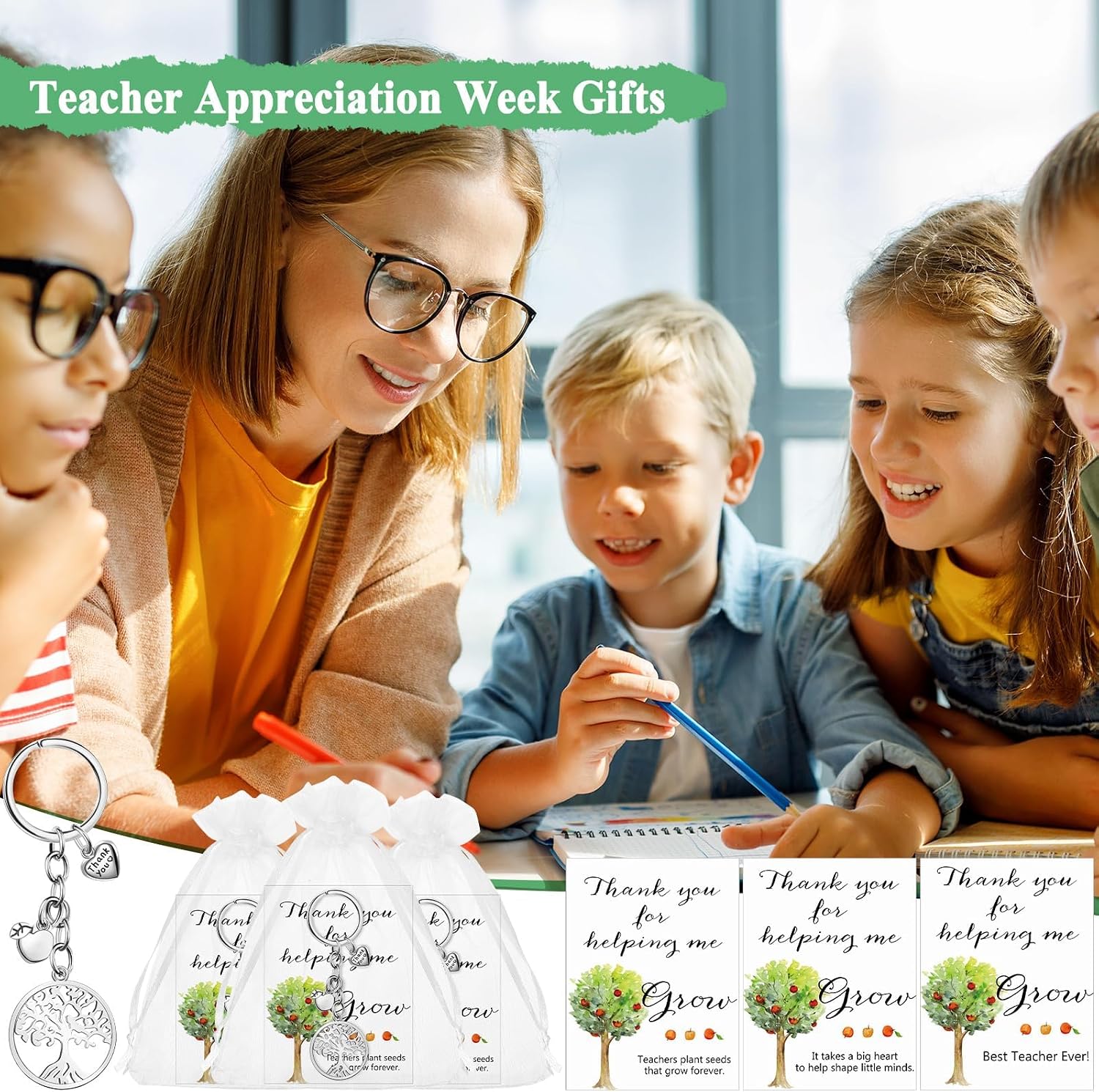Detalle de Johiux 12 Set Teacher Appreciation Gifts: Bee Keychains with Card & Organza Pouches