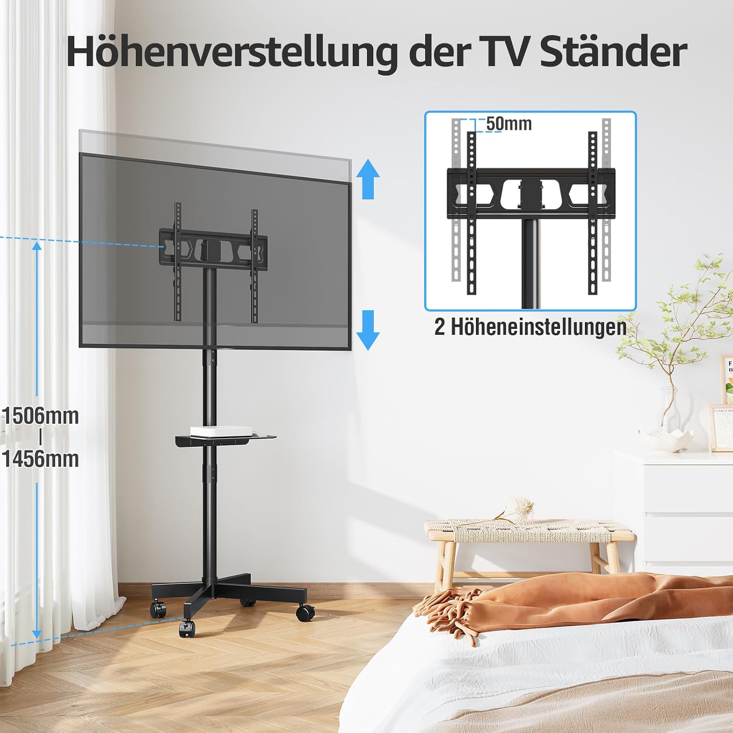 Detalle de MOUNTUP Rollbar TV-Ständer 23–60 Zoll mit Höhenverstellung und Neigungsfunktion (EU1117B)