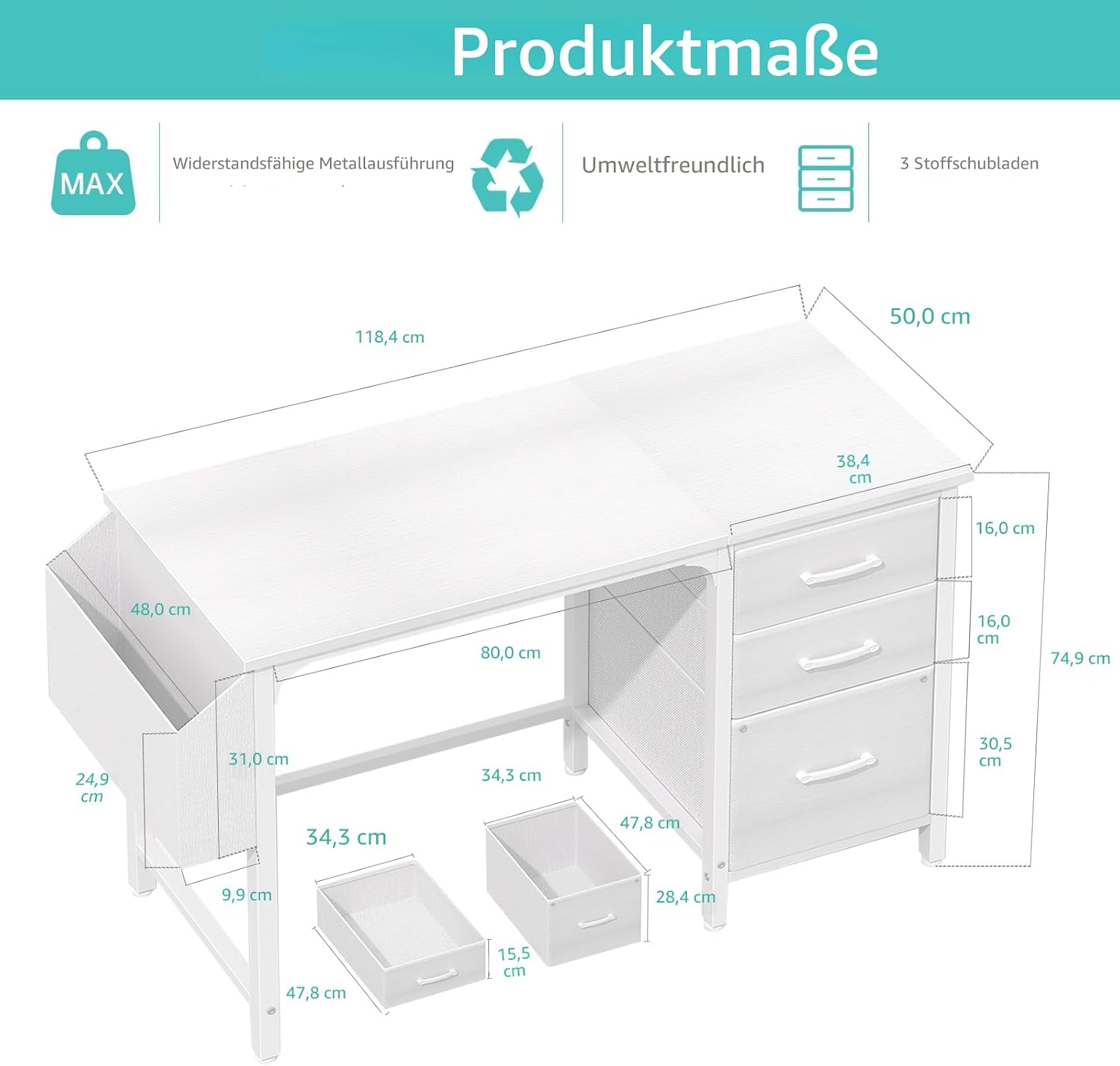 Detalle de Lufeiya Schreibtisch mit 3 Schubladen – Weiß, 118 x 50 x 75 cm, stabiles Computertisch-Design mit Stauraum