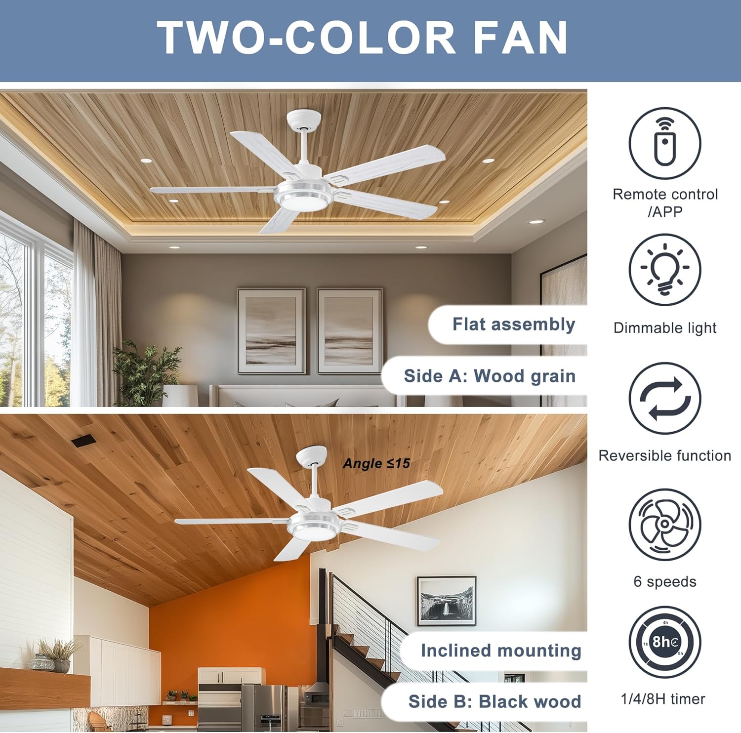 Detalle de Ohniyou Ventilatore da soffitto 132 cm con telecomando, controllo app e luce dimmerabile