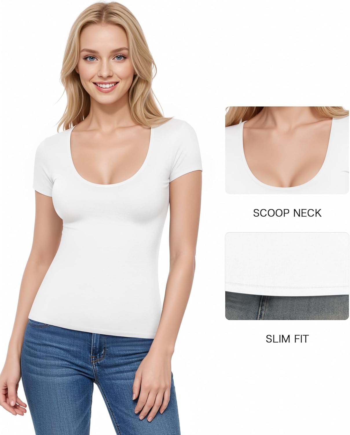 Detalle de ALGALAROUND Women's Scoop Neck Slim Fit Milk Silk T-Shirt