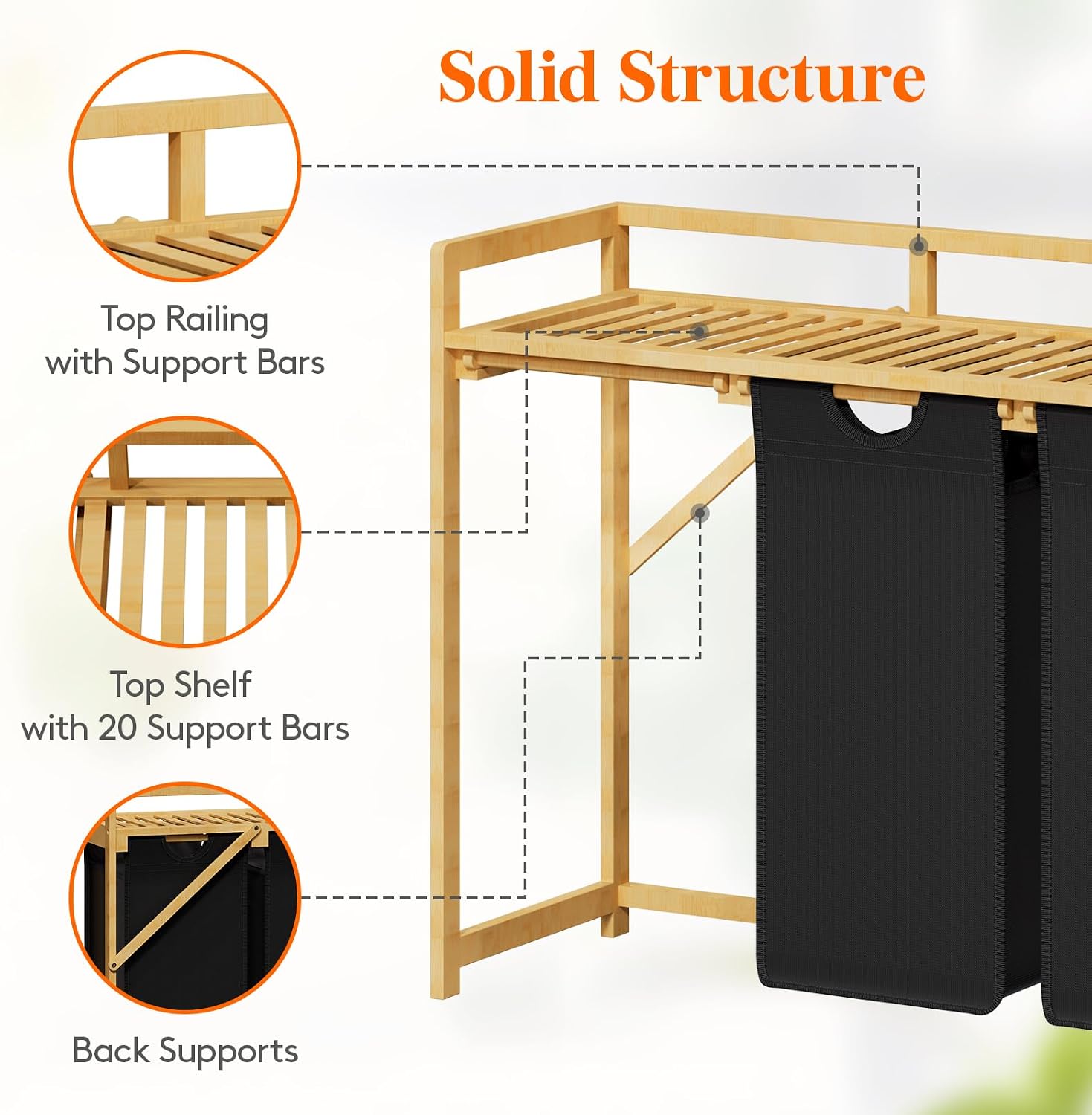 Detalle 2 de Lifewit 24229 Laundry Sorter with Bamboo Frame, 3 Compartments and Shelf