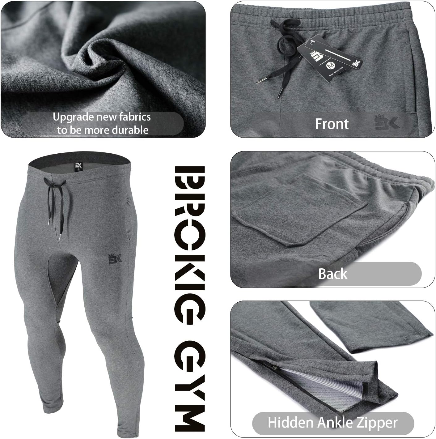 Thumbnail 4 de BROKIG Mens Zip Gym Joggers – slim fit zip gym track bottoms with adjustable elastic waist