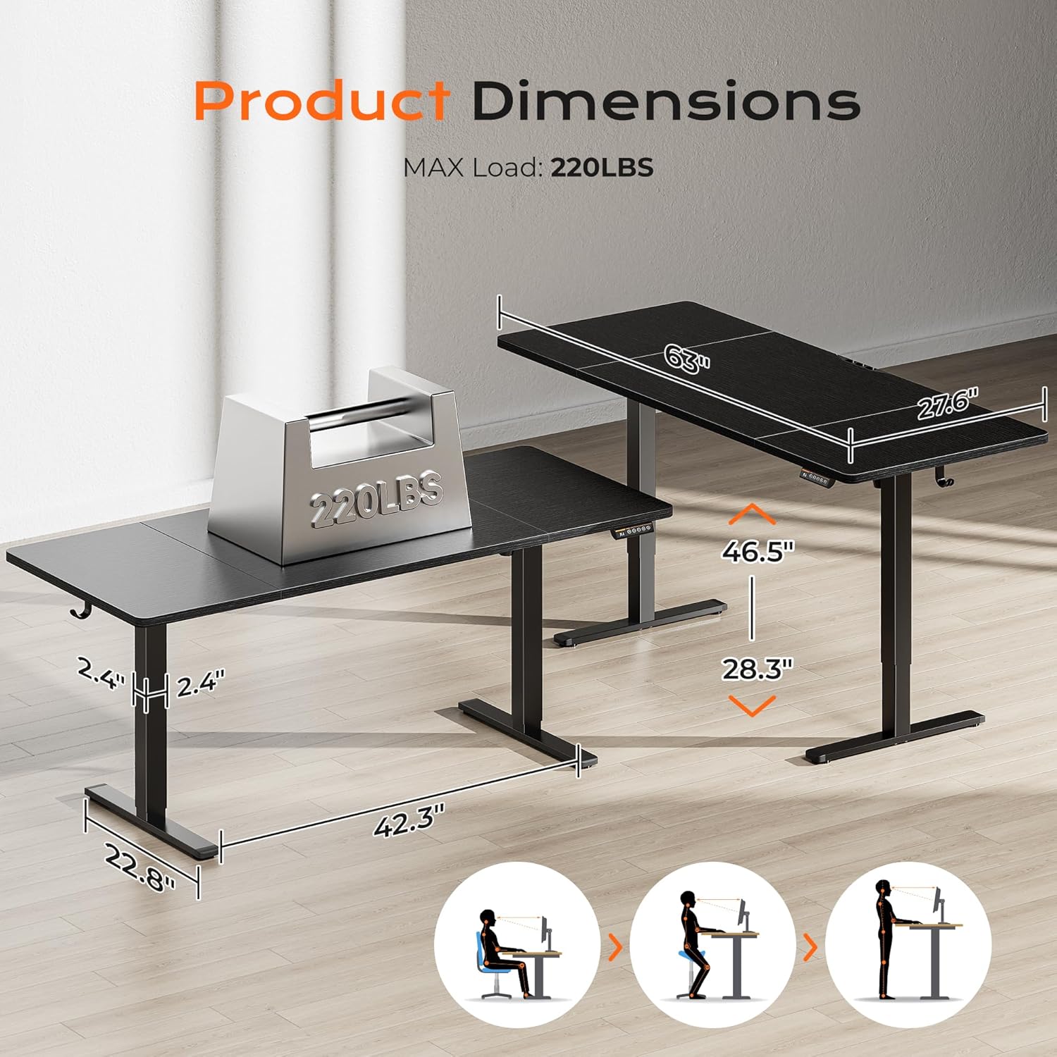 Detalle 2 de Huuger 63 x 28 Electric Standing Desk 27.6"