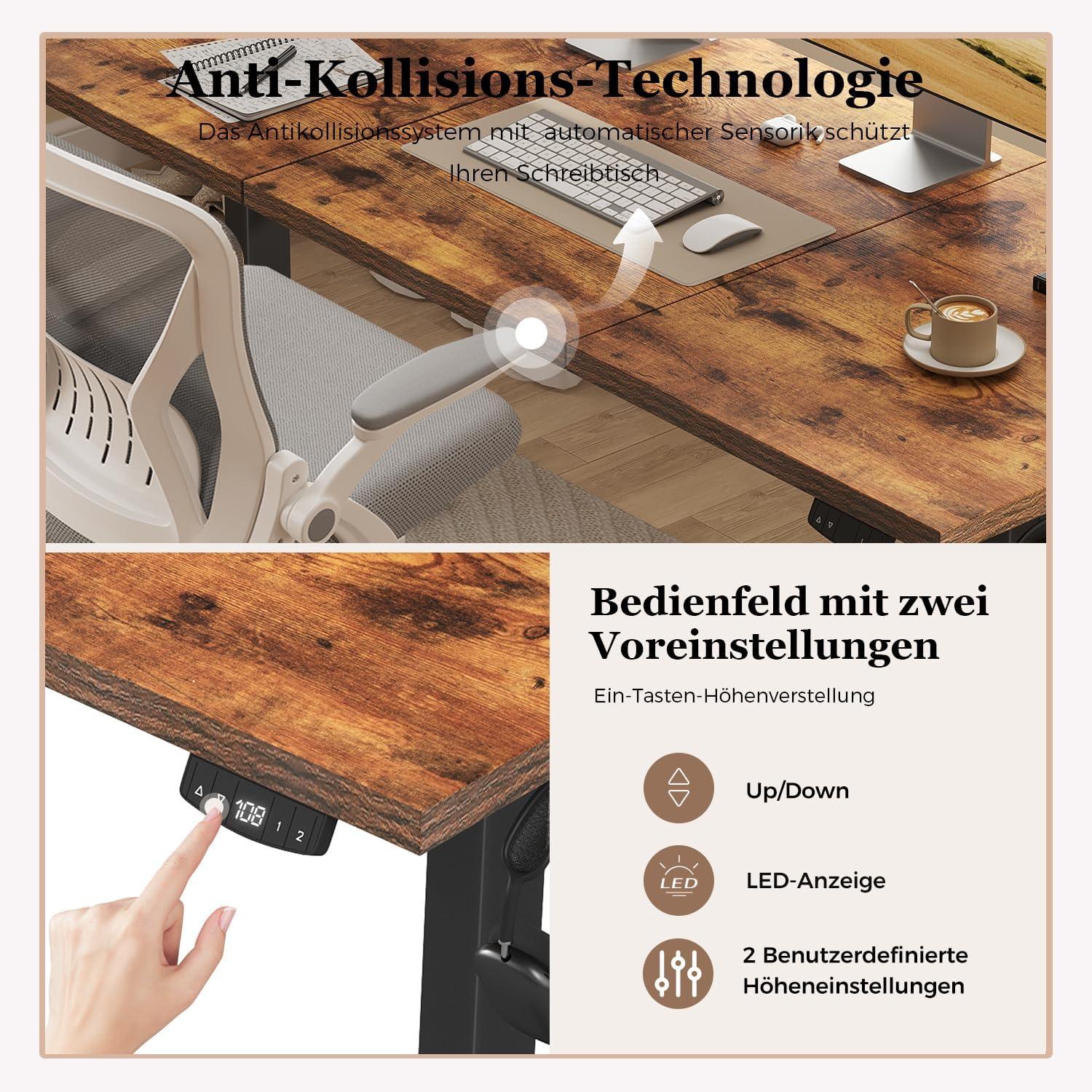 Thumbnail 4 de Klicelor Höhenverstellbarer Schreibtisch – Elektrischer Steh-Sitz Bürotisch, 120 × 60 cm, Braun