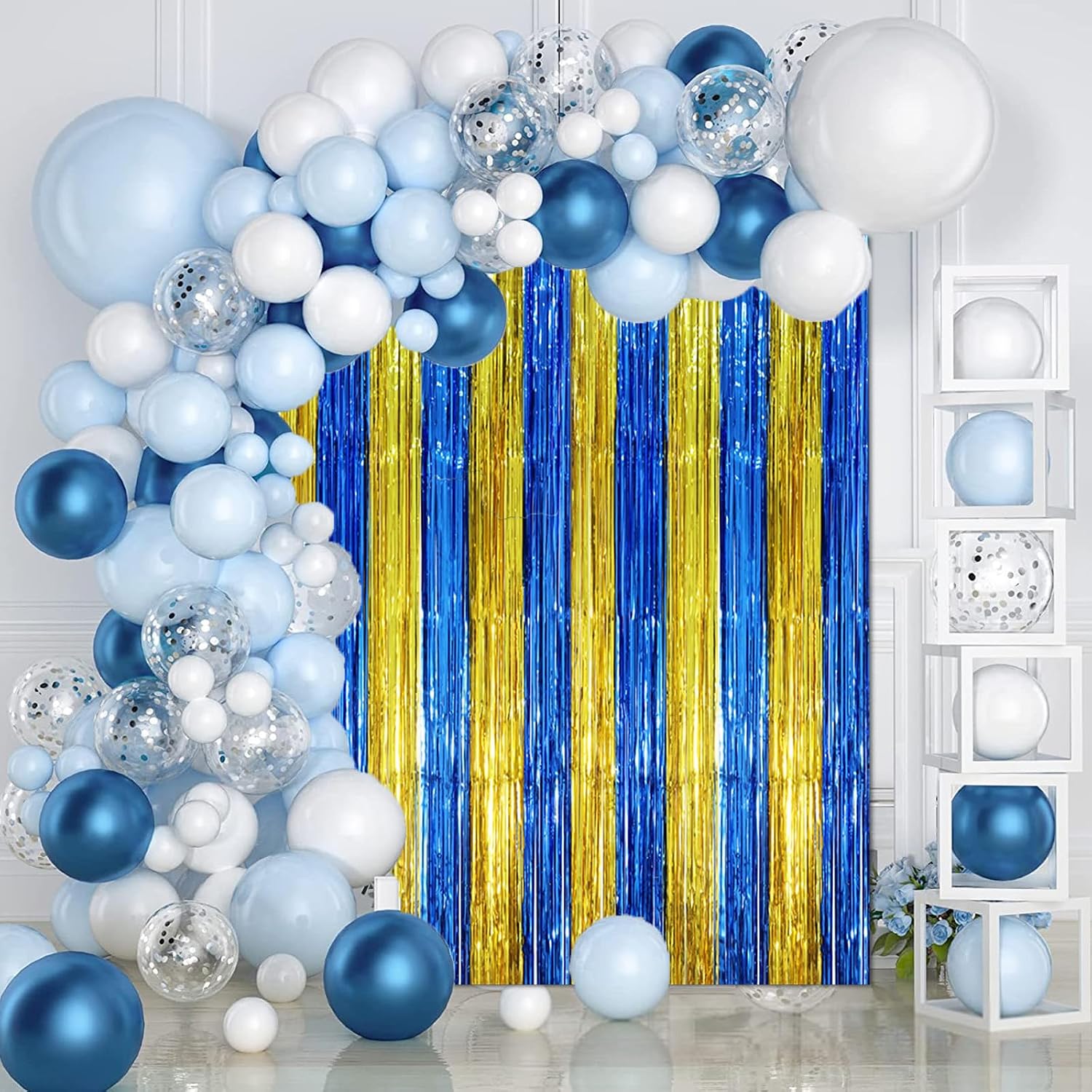 Detalle de Voircoloria 2-Pack Blue & Gold Foil Fringe Backdrop Curtains for Door Shimmer Parties
