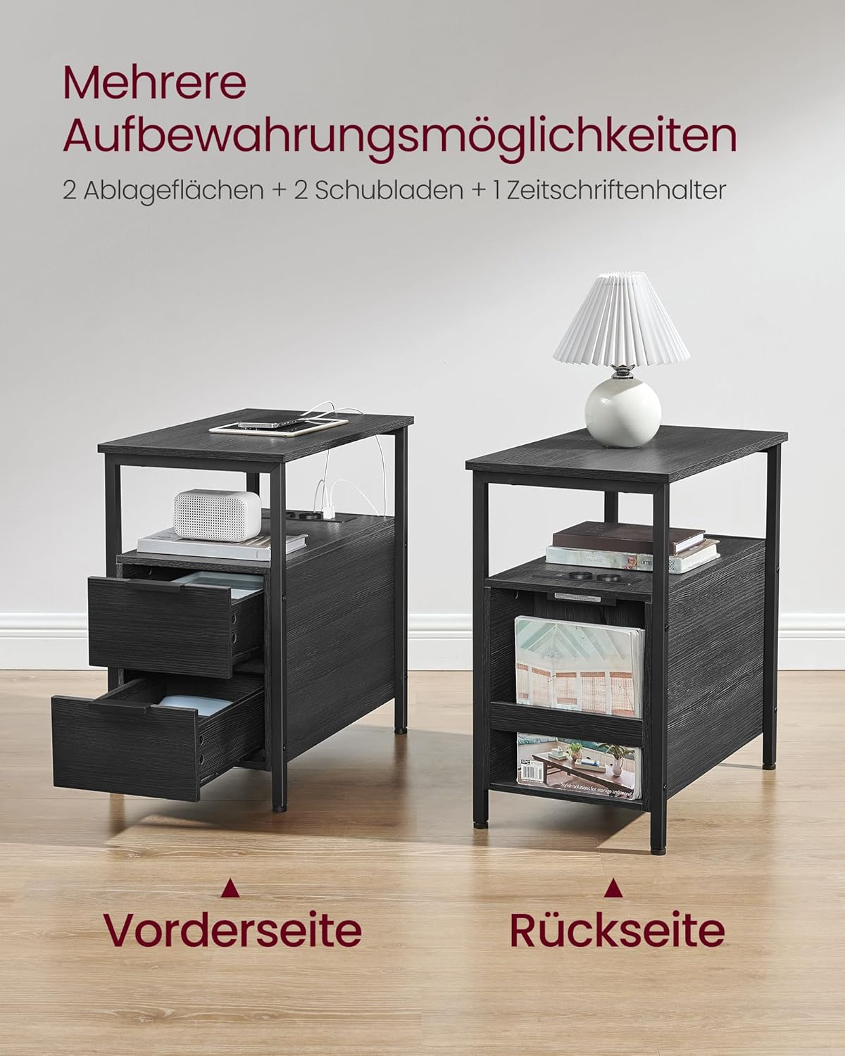 Thumbnail 4 de VASAGLE Beistelltisch LET325B22: Nachttisch mit Steckdosenleiste, 2 Schubladen & Ladefunktion (anthrazitgrau-tintenschwarz)