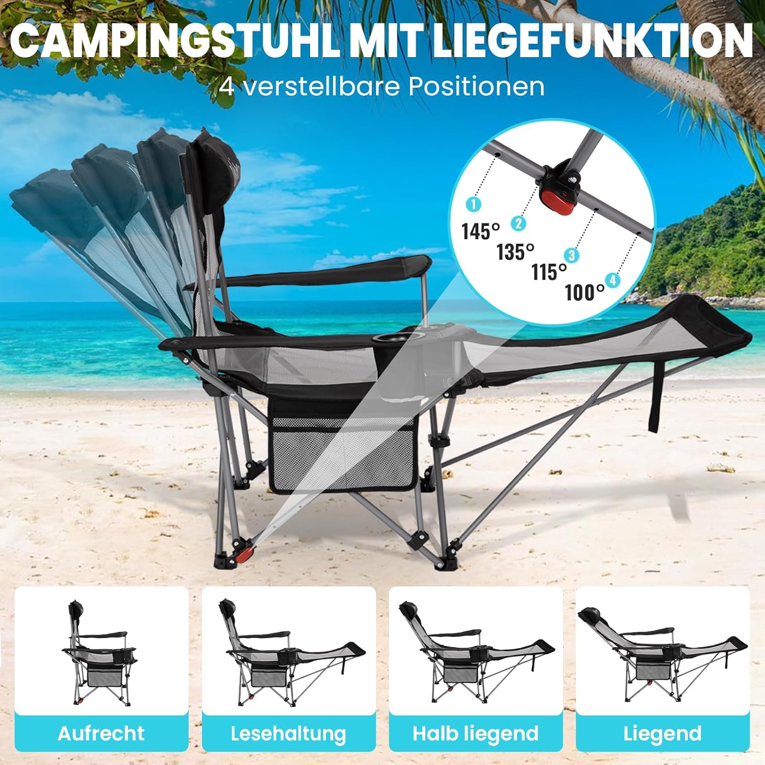 Thumbnail 2 de WEJOY 2-in-1 Campingstuhl 180 kg mit Fußstütze – 4-Verstellbare Rückenlehne, kompakt klappbar, Getränkehalter und Liegeposition
