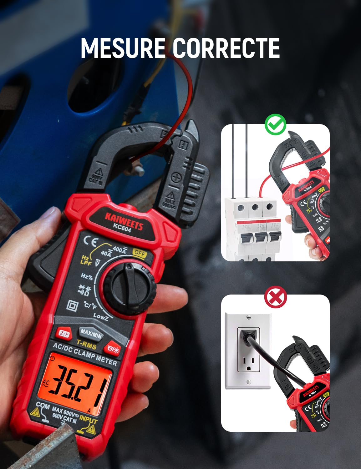 Thumbnail 6 de KAIWEETS KC604 : pince ampèremètre AC/DC T‑RMS avec mesure courant, tension, continuité et test diodes