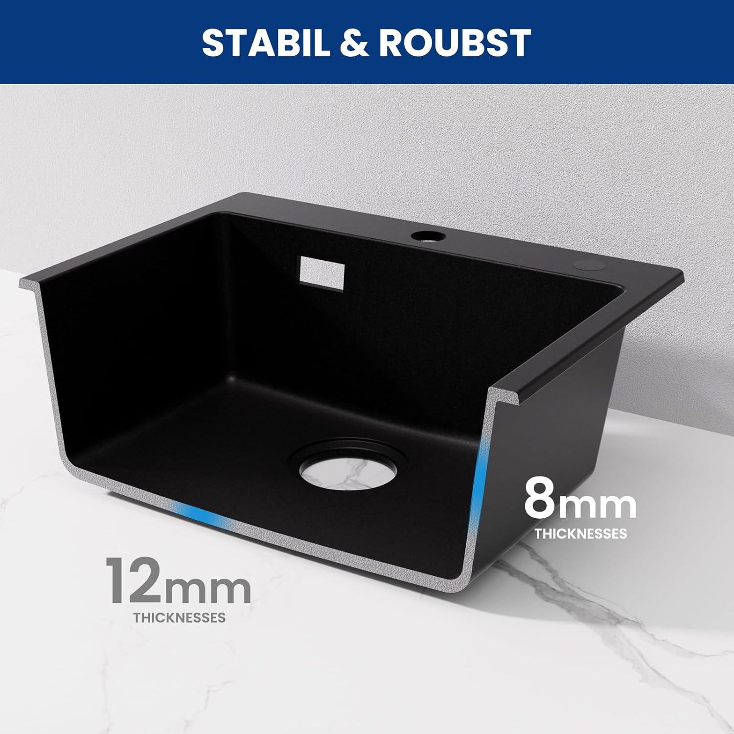 Detalle de CECIPA Spülbecken Schwarz 50x45cm – Granit-Küchenspüle mit 1 Becken, inkl. Siphon & Überlauf