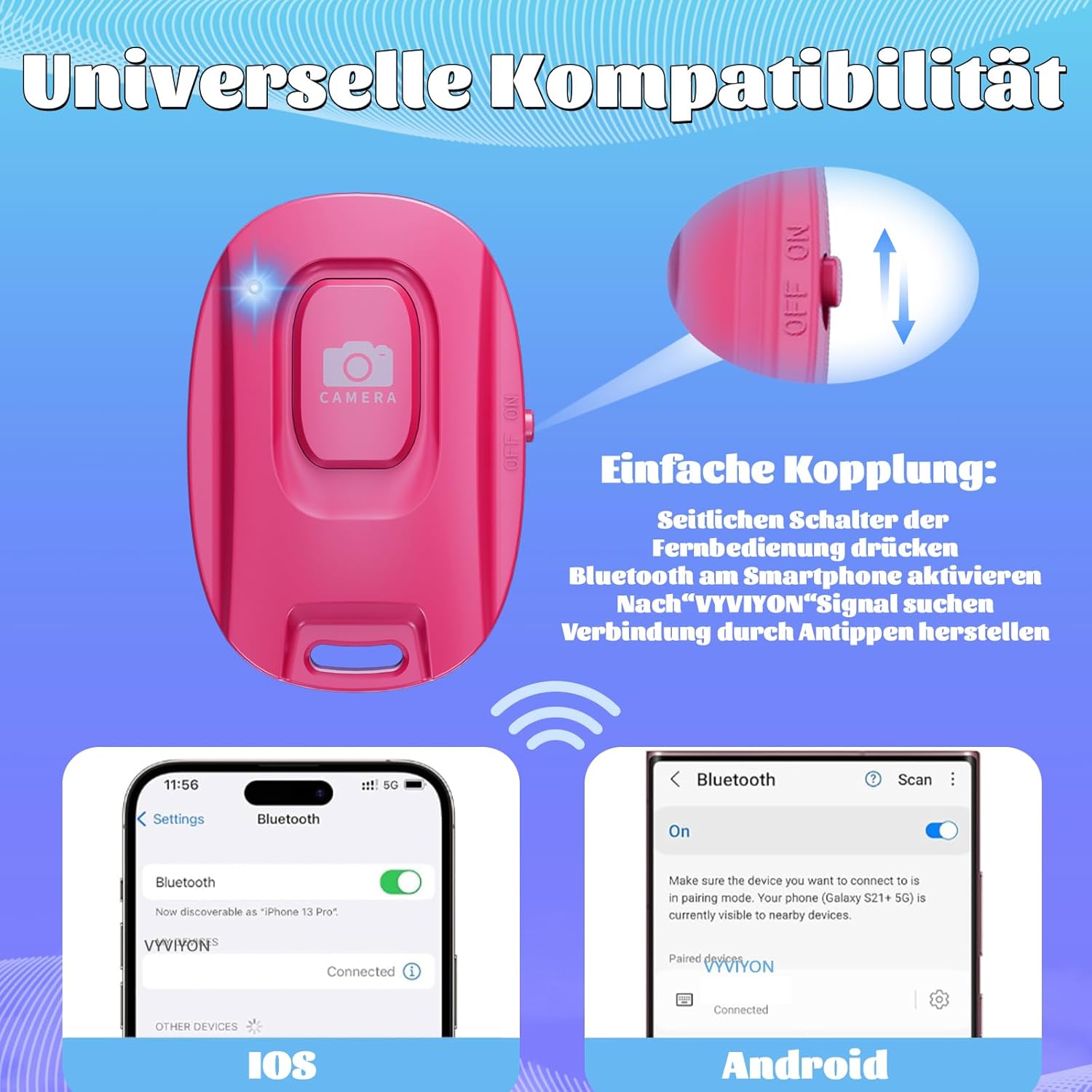 Thumbnail 3 de VYVIYON Bluetooth-Kameraauslöser 2er Pack für iOS & Android – Wiederaufladbare Selfie-Fernbedienung mit Handschlaufe, 5.2, 10 m Reichweite